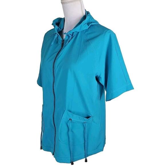 Additions by Chico's ~Size 1 (US M)~ Blue Hooded Short Sleeve Full Zip Jacket. - Picture 9 of 9